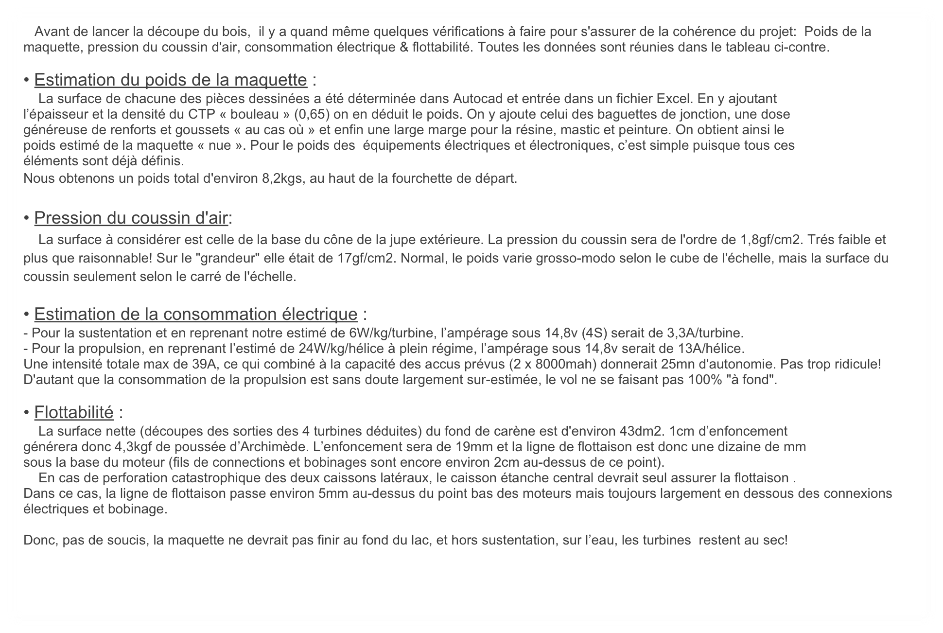    Avant de lancer la découpe du bois,  il y a quand même quelques vérifications à faire pour s'assurer de la cohérence du projet:  Poids de la maquette, pression du coussin d'air, consommation électrique & flottabilité. Toutes les données sont réunies dans le tableau ci-contre.

• Estimation du poids de la maquette :
    La surface de chacune des pièces dessinées a été déterminée dans Autocad et entrée dans un fichier Excel. En y ajoutant
l’épaisseur et la densité du CTP « bouleau » (0,65) on en déduit le poids. On y ajoute celui des baguettes de jonction, une dose
généreuse de renforts et goussets « au cas où » et enfin une large marge pour la résine, mastic et peinture. On obtient ainsi le
poids estimé de la maquette « nue ». Pour le poids des  équipements électriques et électroniques, c’est simple puisque tous ces
éléments sont déjà définis.
Nous obtenons un poids total d'environ 8,2kgs, au haut de la fourchette de départ.

• Pression du coussin d'air:
    La surface à considérer est celle de la base du cône de la jupe extérieure. La pression du coussin sera de l'ordre de 1,8gf/cm2. Trés faible et plus que raisonnable! Sur le "grandeur" elle était de 17gf/cm2. Normal, le poids varie grosso-modo selon le cube de l'échelle, mais la surface du coussin seulement selon le carré de l'échelle.

• Estimation de la consommation électrique :
- Pour la sustentation et en reprenant notre estimé de 6W/kg/turbine, l’ampérage sous 14,8v (4S) serait de 3,3A/turbine. 
- Pour la propulsion, en reprenant l’estimé de 24W/kg/hélice à plein régime, l’ampérage sous 14,8v serait de 13A/hélice.
Une intensité totale max de 39A, ce qui combiné à la capacité des accus prévus (2 x 8000mah) donnerait 25mn d'autonomie. Pas trop ridicule! D'autant que la consommation de la propulsion est sans doute largement sur-estimée, le vol ne se faisant pas 100% "à fond". 

• Flottabilité :
    La surface nette (découpes des sorties des 4 turbines déduites) du fond de carène est d'environ 43dm2. 1cm d’enfoncement
générera donc 4,3kgf de poussée d’Archimède. L’enfoncement sera de 19mm et la ligne de flottaison est donc une dizaine de mm
sous la base du moteur (fils de connections et bobinages sont encore environ 2cm au-dessus de ce point).
    En cas de perforation catastrophique des deux caissons latéraux, le caisson étanche central devrait seul assurer la flottaison .
Dans ce cas, la ligne de flottaison passe environ 5mm au-dessus du point bas des moteurs mais toujours largement en dessous des connexions électriques et bobinage.

Donc, pas de soucis, la maquette ne devrait pas finir au fond du lac, et hors sustentation, sur l’eau, les turbines  restent au sec!


