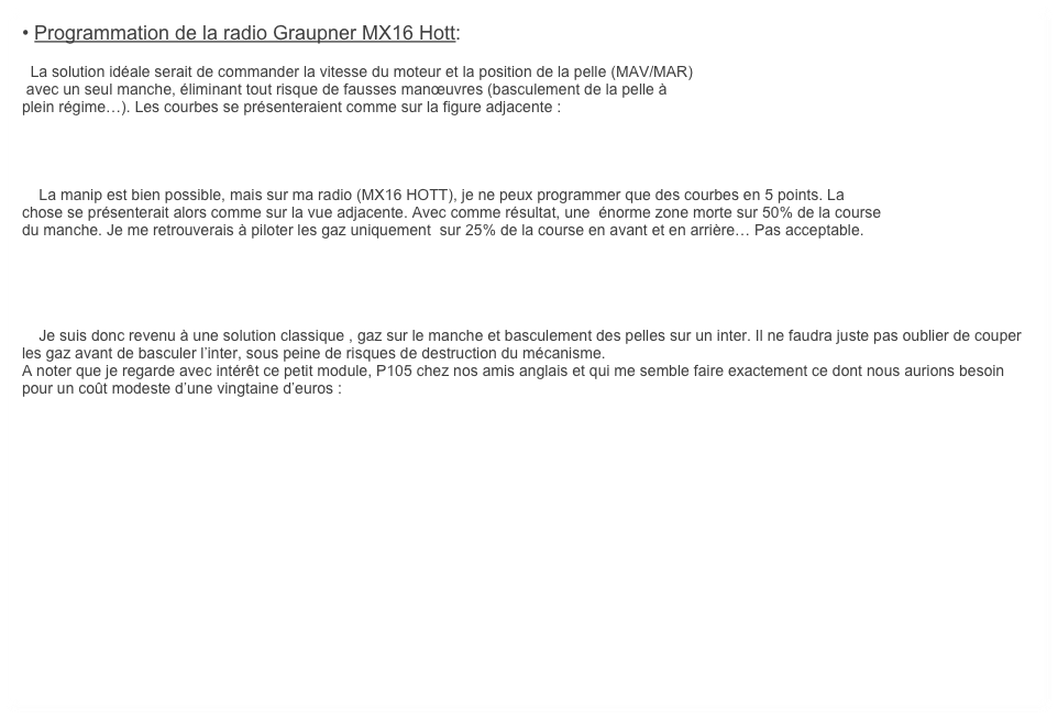 • Programmation de la radio Graupner MX16 Hott:

  La solution idéale serait de commander la vitesse du moteur et la position de la pelle (MAV/MAR)
 avec un seul manche, éliminant tout risque de fausses manœuvres (basculement de la pelle à 
plein régime…). Les courbes se présenteraient comme sur la figure adjacente :




    La manip est bien possible, mais sur ma radio (MX16 HOTT), je ne peux programmer que des courbes en 5 points. La 
chose se présenterait alors comme sur la vue adjacente. Avec comme résultat, une  énorme zone morte sur 50% de la course
du manche. Je me retrouverais à piloter les gaz uniquement  sur 25% de la course en avant et en arrière… Pas acceptable.





    Je suis donc revenu à une solution classique , gaz sur le manche et basculement des pelles sur un inter. Il ne faudra juste pas oublier de couper les gaz avant de basculer l’inter, sous peine de risques de destruction du mécanisme.
A noter que je regarde avec intérêt ce petit module, P105 chez nos amis anglais et qui me semble faire exactement ce dont nous aurions besoin pour un coût modeste d’une vingtaine d’euros : 